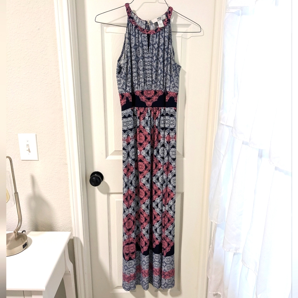 3/$10 Wisp Comet Knit Halter Sleeveless Navy Pink Maxi Dress